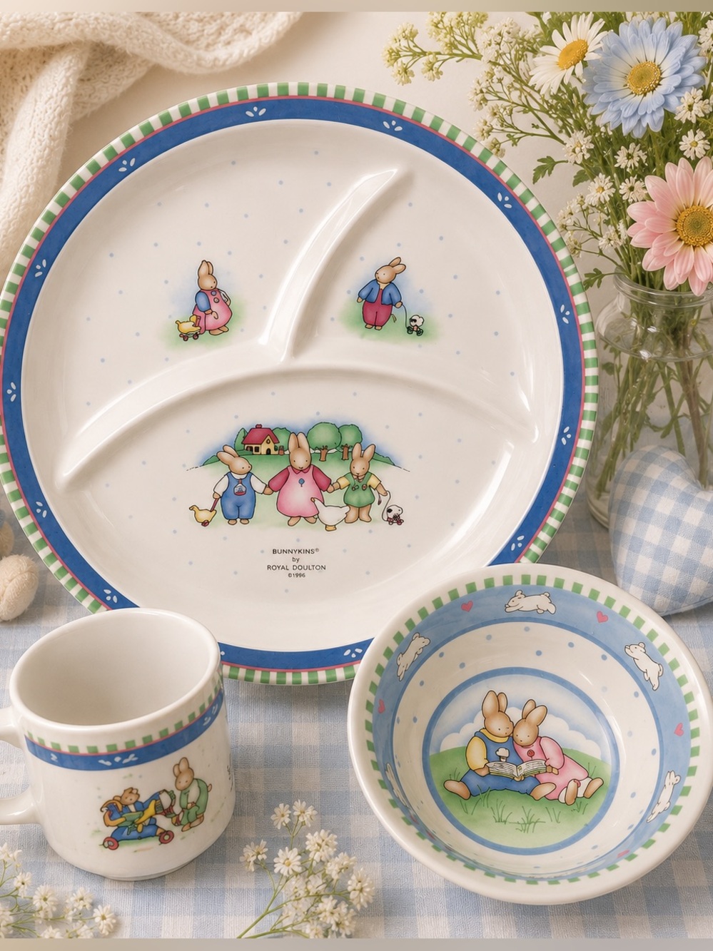 Vintage Daisy Kingdom 1990 Bunny Kids Melamine Plate Bowl Cup 3 Pc Set